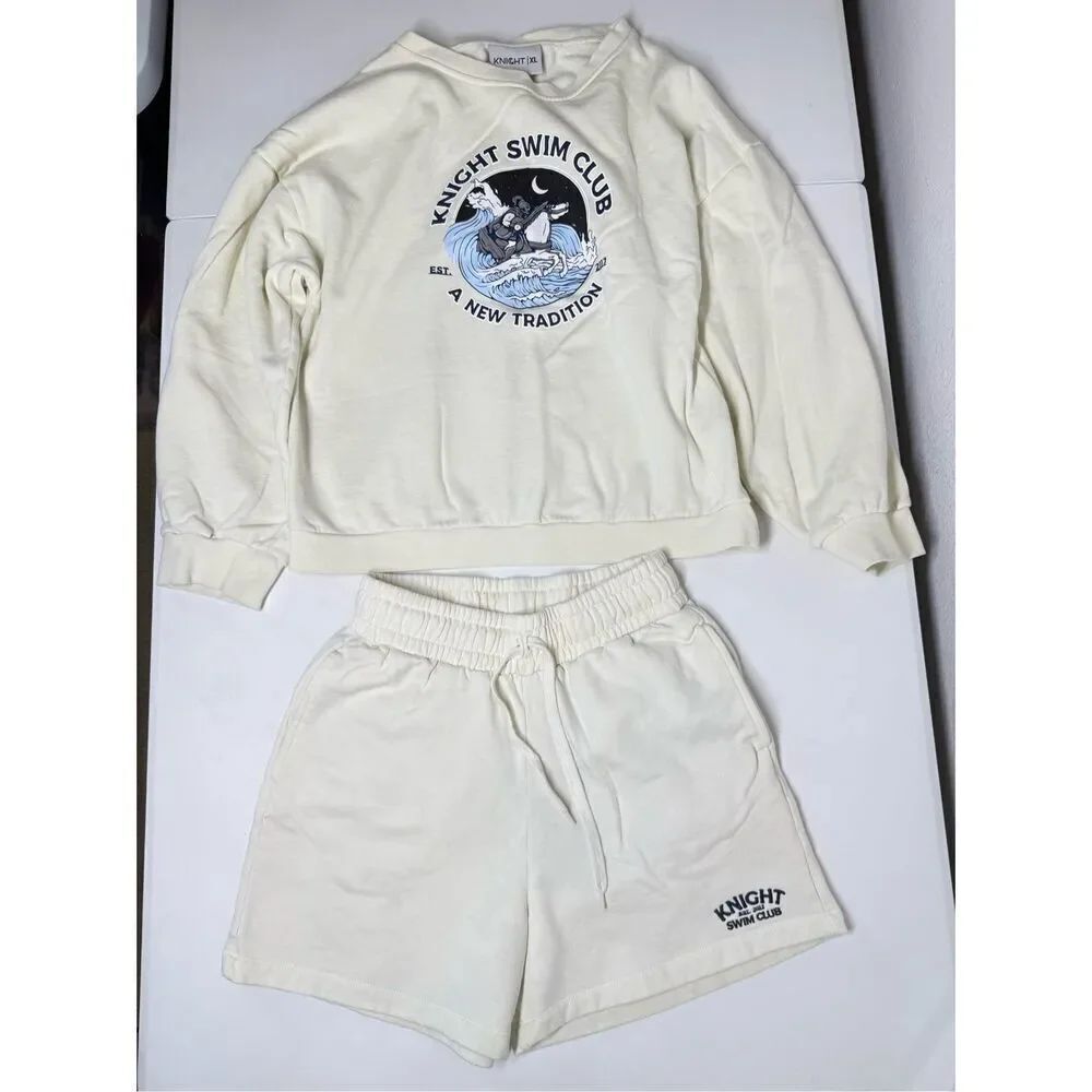 Knight Swim Club Sweat Set Hoodie Shorts Sz XL Cream Embroidered Logo See Notes